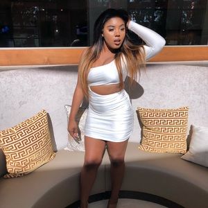 All white One sleeve Tiger Mist “Sammie” dress